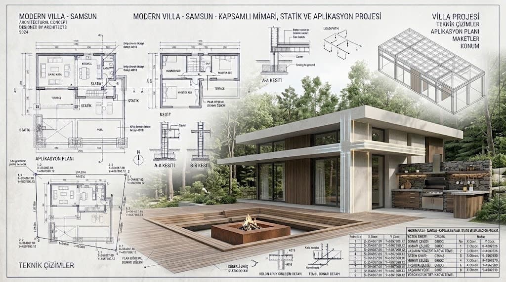 Mimari çizimler, statik detaylar ve aplikasyon planıyla bir villa projesinin görselleştirmesi